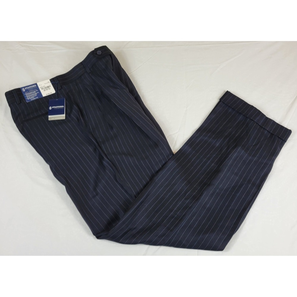Stafford Essentials Mens Navy Pinstripe Classic Fit Pleated Cuffed Pants 30x32